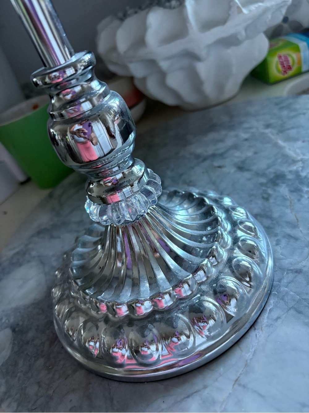 Decorative Silver-Tone Pedestal Cake Stand with Mirror Top - Picture 4 of 5